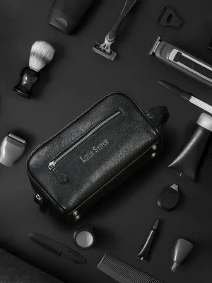 Men's Italian Shrunken Leather Toiletry Kit Travel Organizer Pouch with Multiple Compartments