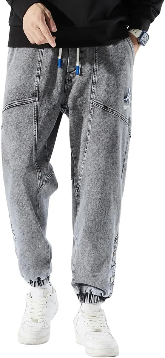 Men's Jean Joggers Denim Cargo Pants Streetwear Sweatpant Jeans with Drawstring Elastic Waist