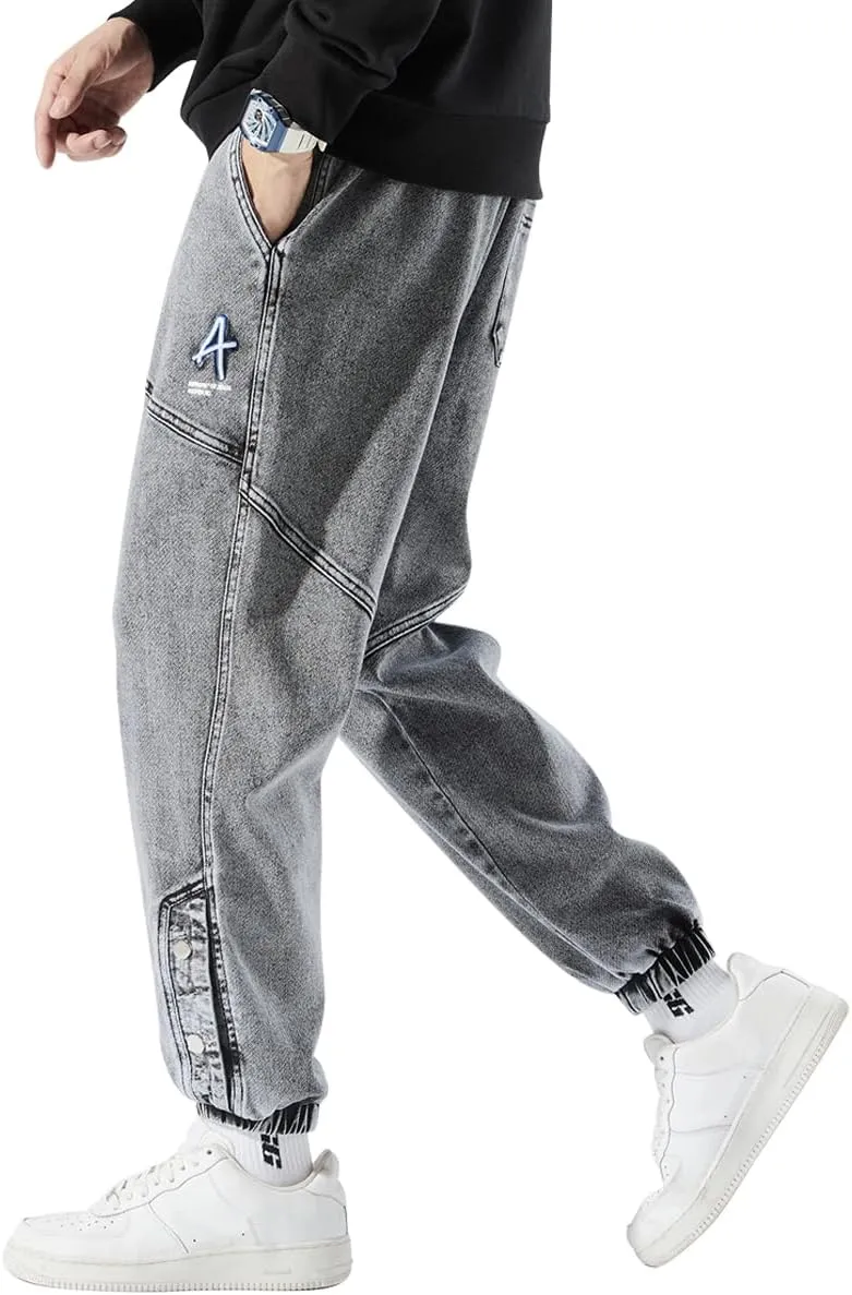 Men's Jean Joggers Denim Cargo Pants Streetwear Sweatpant Jeans with Drawstring Elastic Waist