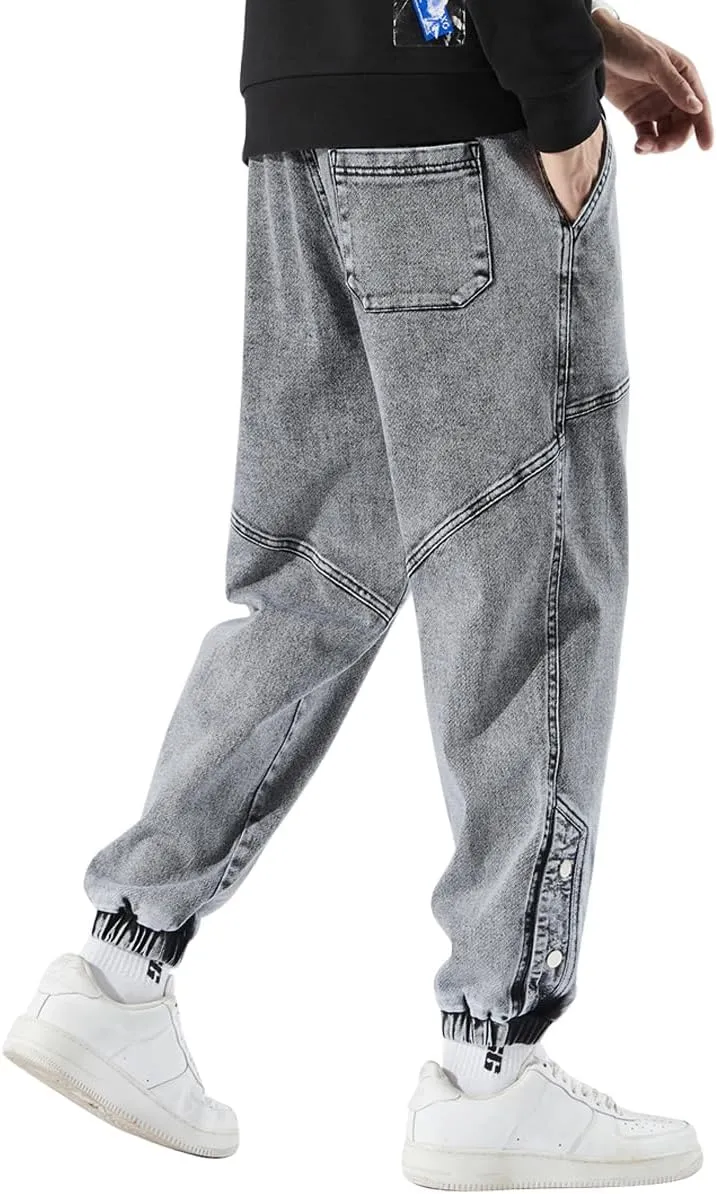 Men's Jean Joggers Denim Cargo Pants Streetwear Sweatpant Jeans with Drawstring Elastic Waist