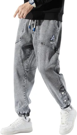 Men's Jean Joggers Denim Cargo Pants Streetwear Sweatpant Jeans with Drawstring Elastic Waist
