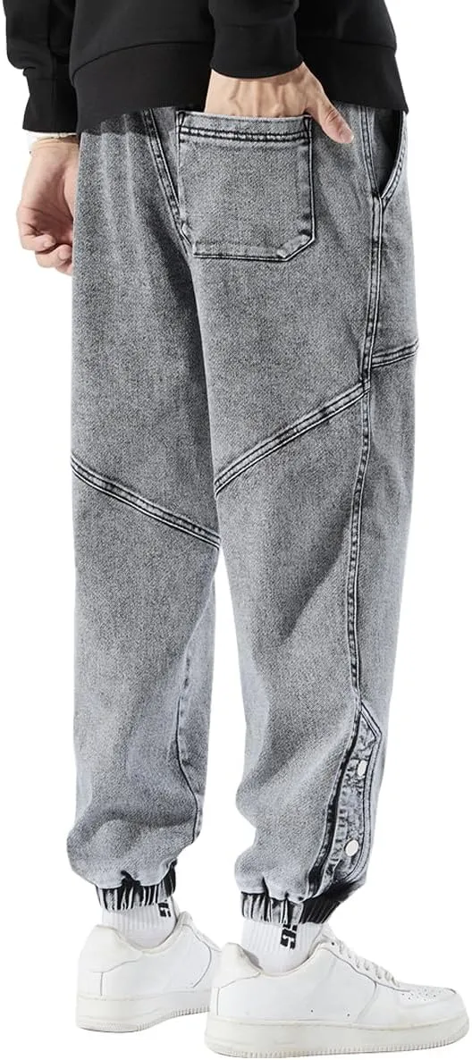 Men's Jean Joggers Denim Cargo Pants Streetwear Sweatpant Jeans with Drawstring Elastic Waist