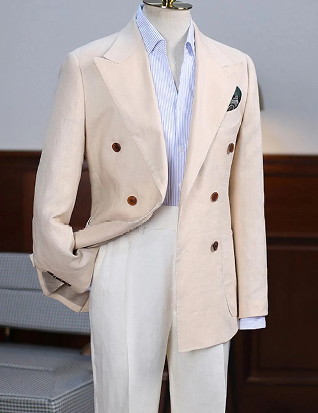 Men's Linen Blazer Double Breasted Peak Lapel Slim Fit Lightweight Jacket Evening Party Business