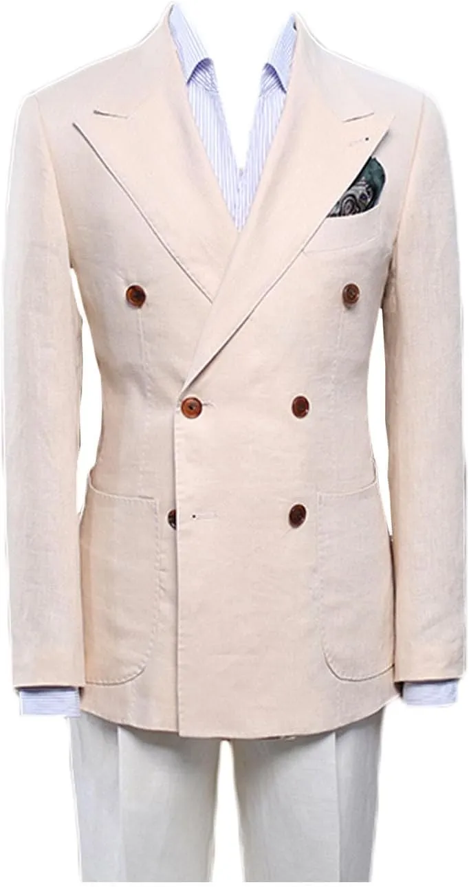 Men's Linen Blazer Double Breasted Peak Lapel Slim Fit Lightweight Jacket Evening Party Business