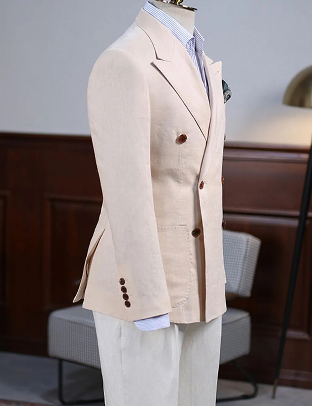 Men's Linen Blazer Double Breasted Peak Lapel Slim Fit Lightweight Jacket Evening Party Business