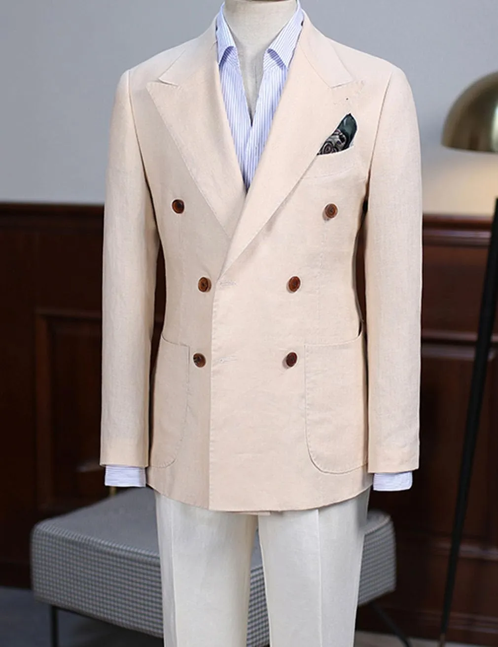 Men's Linen Blazer Double Breasted Peak Lapel Slim Fit Lightweight Jacket Evening Party Business