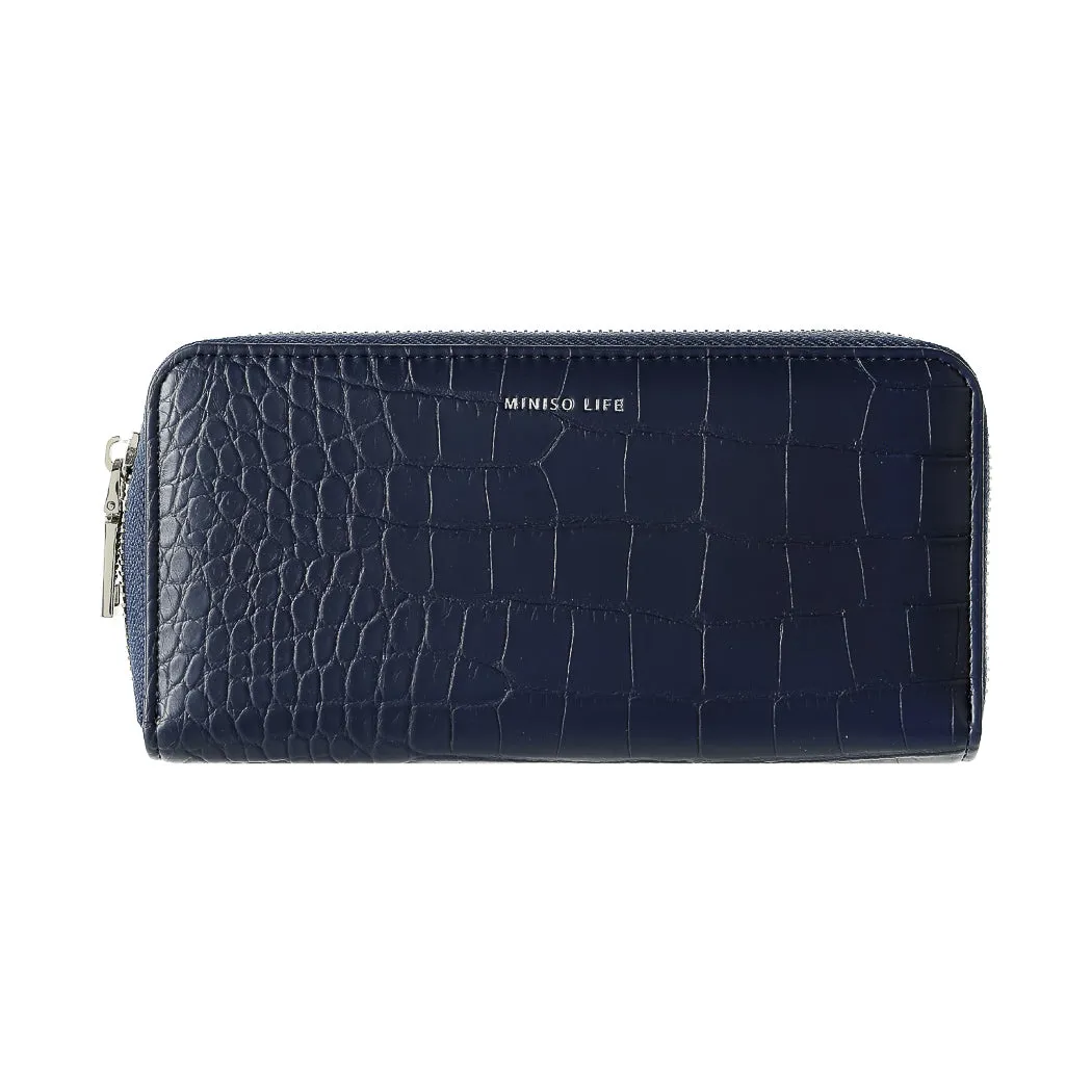 Men’s Long Crocodile Print Zipper Wallet(Navy Blue)