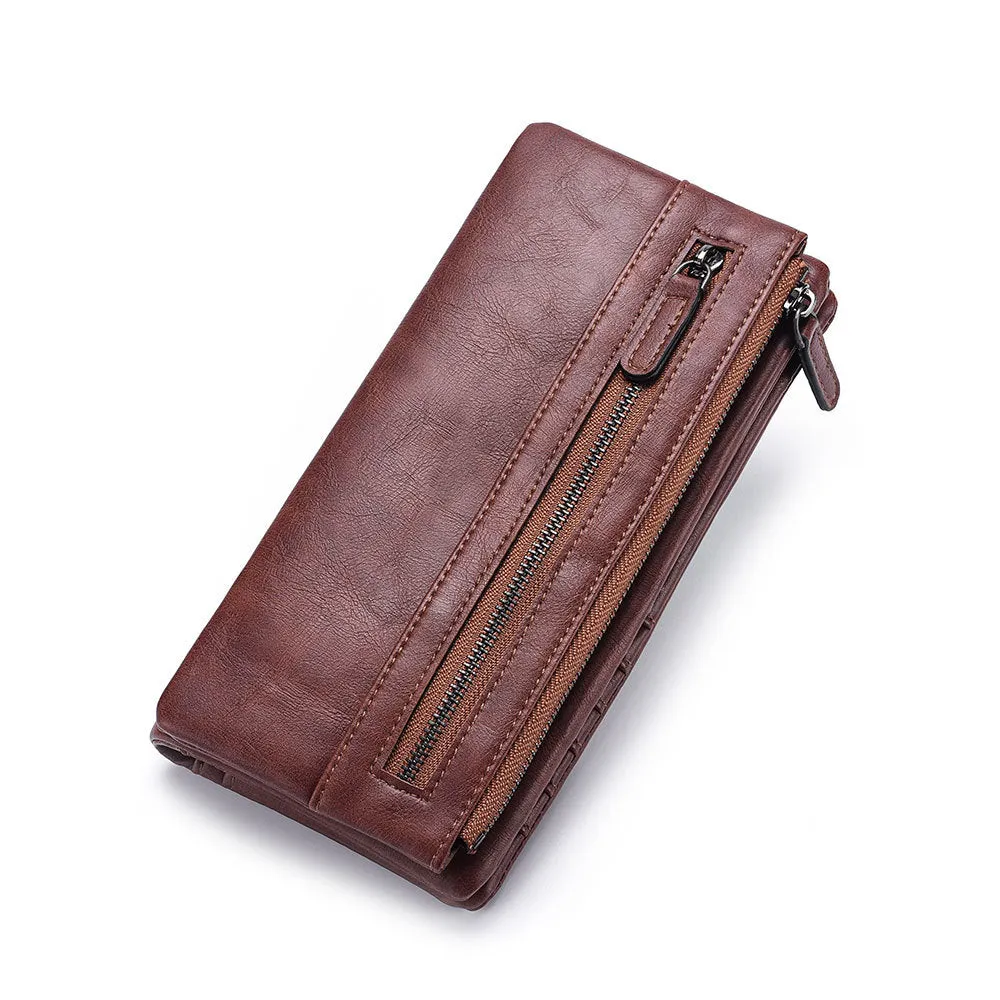 Men's Long Type Zipper Trendy Green Soft Men's Wallets
