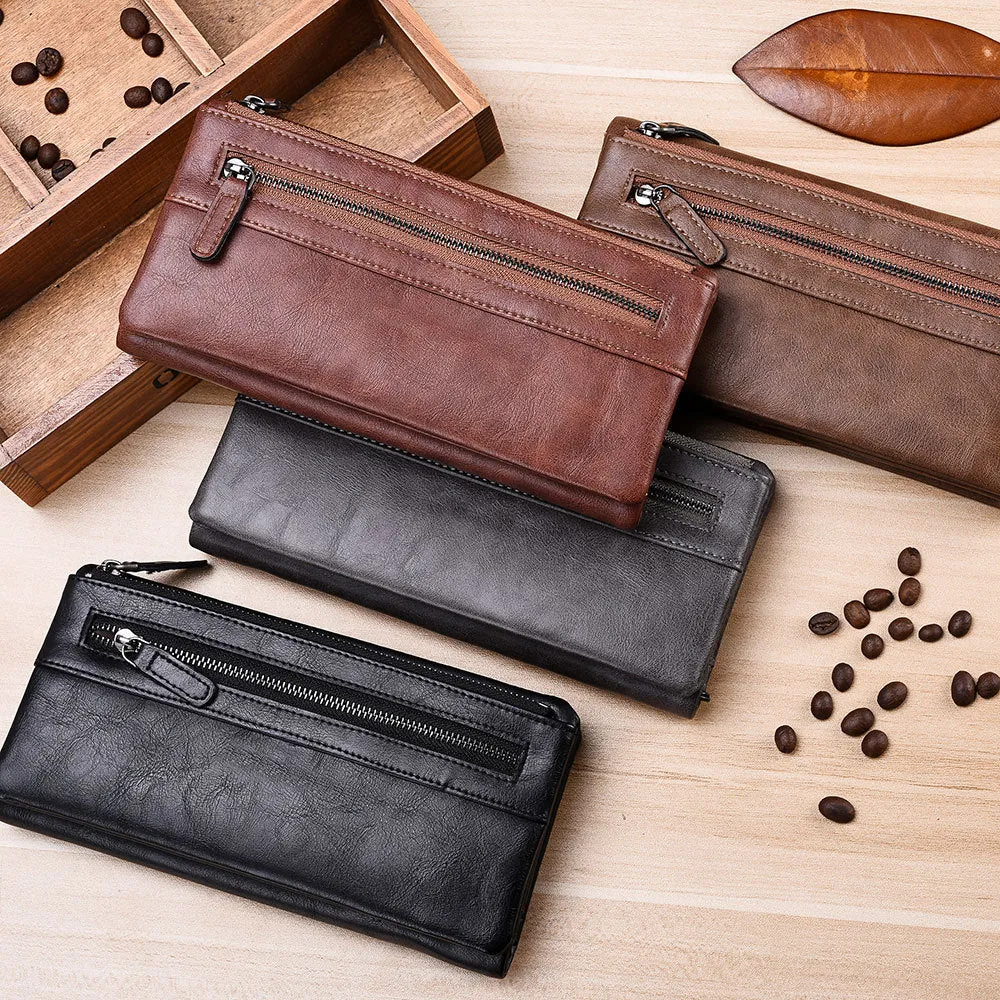 Men's Long Type Zipper Trendy Green Soft Men's Wallets