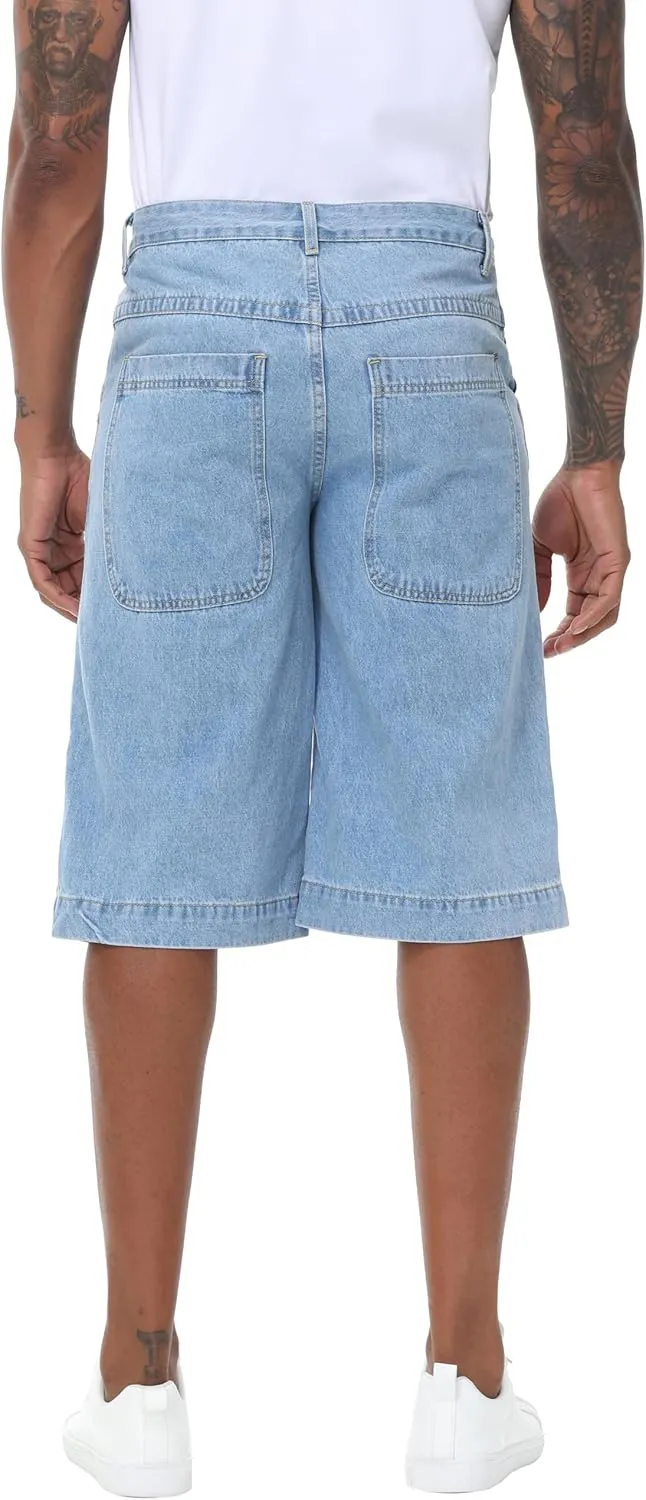 Men's Non-Stretch Relaxed Fit Wide-Leg Baggy Long Denim Shorts-14 Inseam Below Knee
