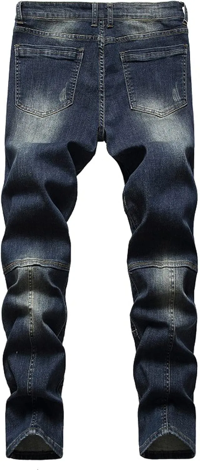 Men's Ripped Jeans Casual Stretch Button Zipper Pants with Pockets Relaxed Fit Denim Pants Boys Trendy Streetwear Jeans