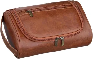 Men's Small Flat Travel Toiletry Bag - Water-Resistant PU Leather Dopp Kit For Men's Grooming Essentials, Compact Toiletries Organizer & Shaving Kit, Lightweight Durable Design (Brown)