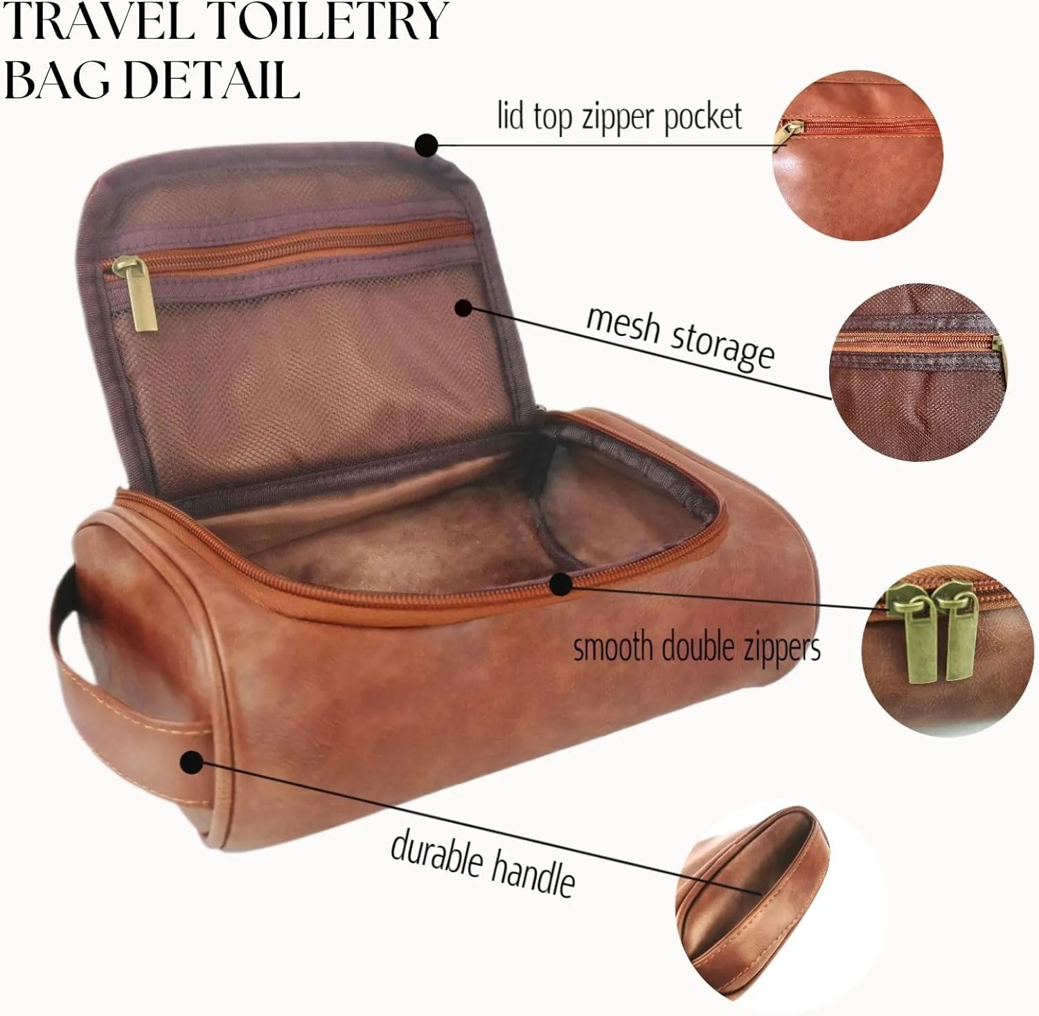 Men's Small Flat Travel Toiletry Bag - Water-Resistant PU Leather Dopp Kit For Men's Grooming Essentials, Compact Toiletries Organizer & Shaving Kit, Lightweight Durable Design (Brown)