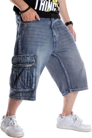 Men`s Summer Multi-Pockets Thin Regular Fit Denim Cargo Shorts