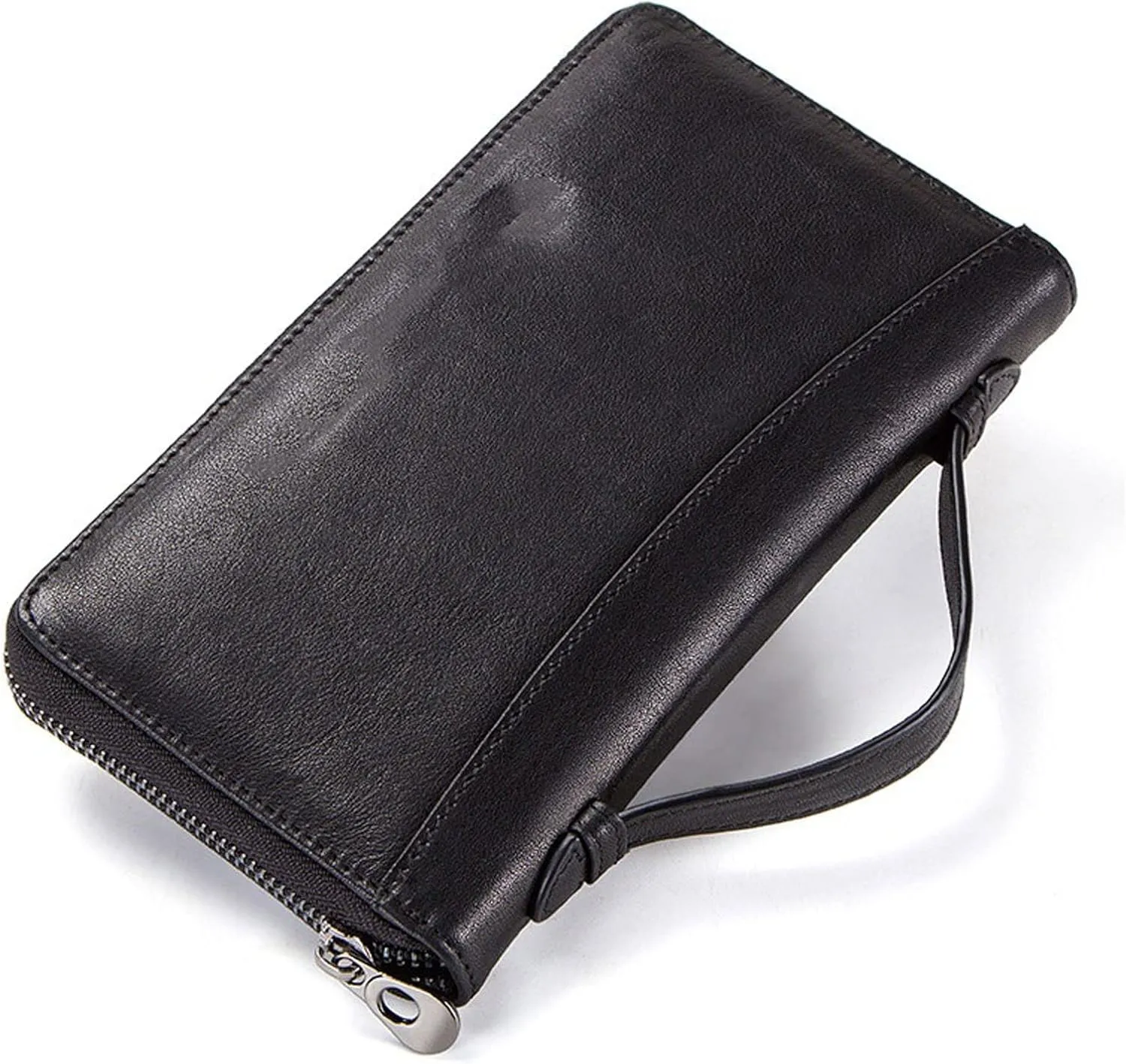 Mens Wallet Cow Leather Men Casual Clutch Wallet Card Holder Zipper Purse with Passport Holder Phone Case for Male Long Wallet (Black)