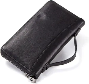 Mens Wallet Cow Leather Men Casual Clutch Wallet Card Holder Zipper Purse with Passport Holder Phone Case for Male Long Wallet (Black)