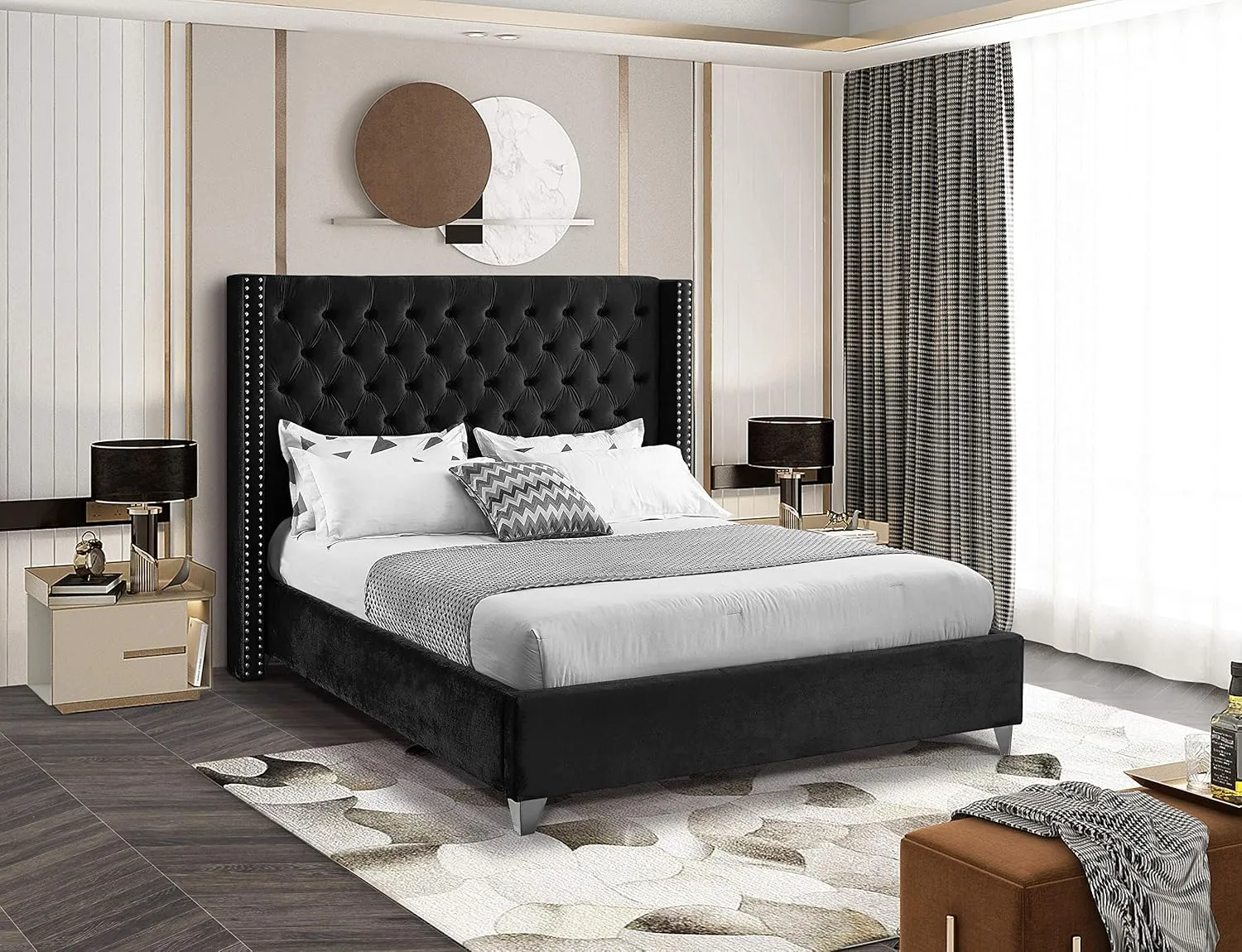 Meridian Furniture Aiden Collection Modern | Contemporary Velvet Upholstered Bed with Deep Button Tufting, Solid Wood Frame, and Custom Chrome Legs, King, Black