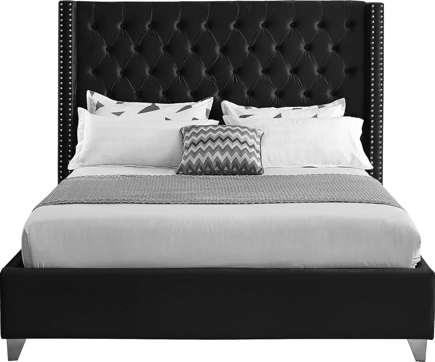 Meridian Furniture Aiden Collection Modern | Contemporary Velvet Upholstered Bed with Deep Button Tufting, Solid Wood Frame, and Custom Chrome Legs, King, Black
