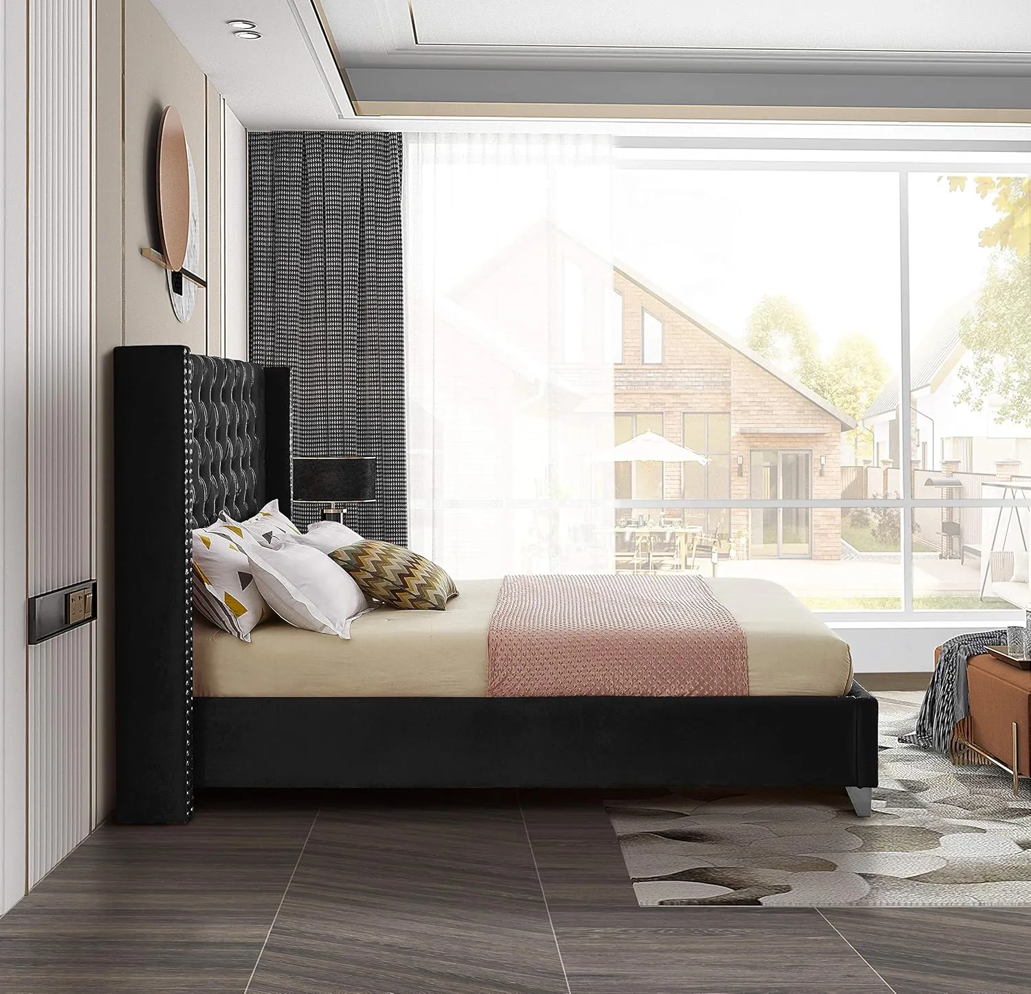 Meridian Furniture Aiden Collection Modern | Contemporary Velvet Upholstered Bed with Deep Button Tufting, Solid Wood Frame, and Custom Chrome Legs, King, Black