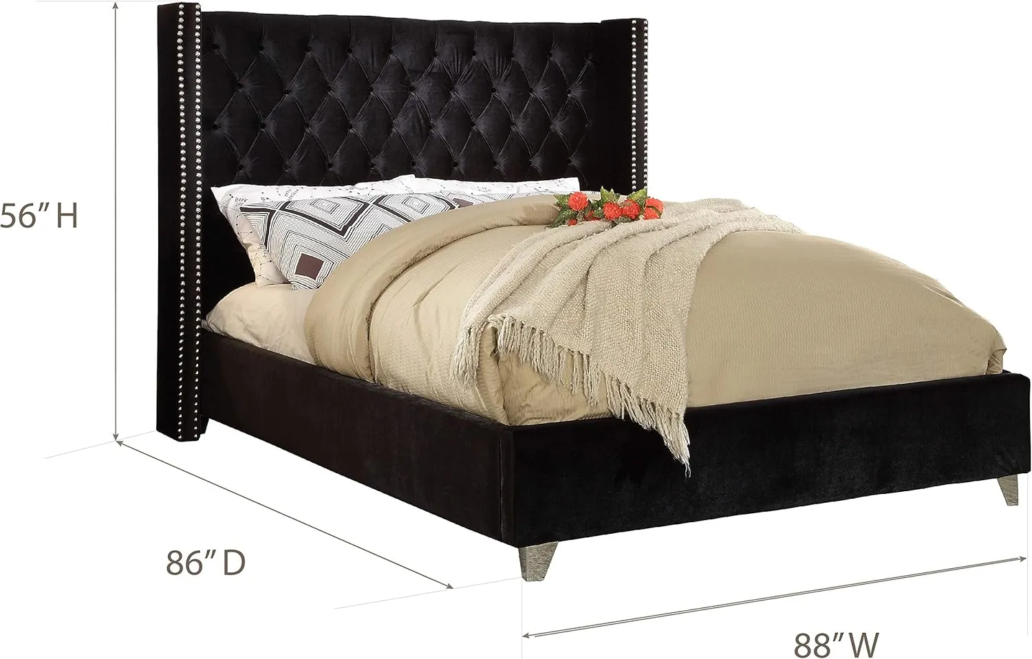 Meridian Furniture Aiden Collection Modern | Contemporary Velvet Upholstered Bed with Deep Button Tufting, Solid Wood Frame, and Custom Chrome Legs, King, Black