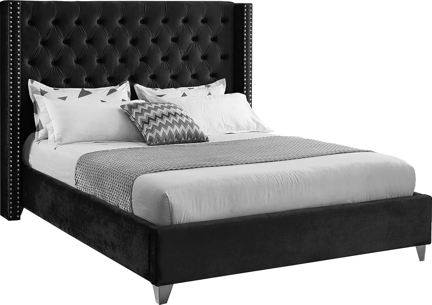 Meridian Furniture Aiden Collection Modern | Contemporary Velvet Upholstered Bed with Deep Button Tufting, Solid Wood Frame, and Custom Chrome Legs, King, Black