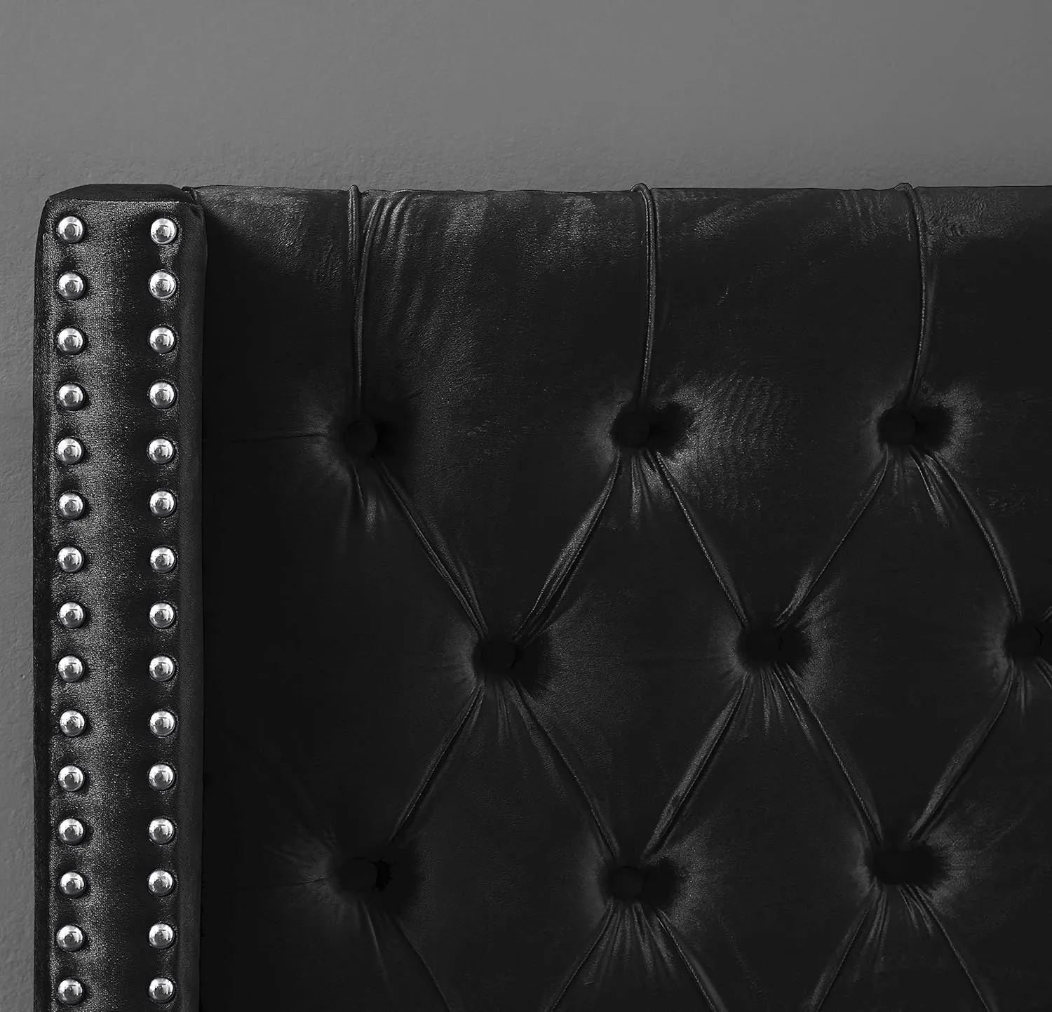 Meridian Furniture Aiden Collection Modern | Contemporary Velvet Upholstered Bed with Deep Button Tufting, Solid Wood Frame, and Custom Chrome Legs, King, Black