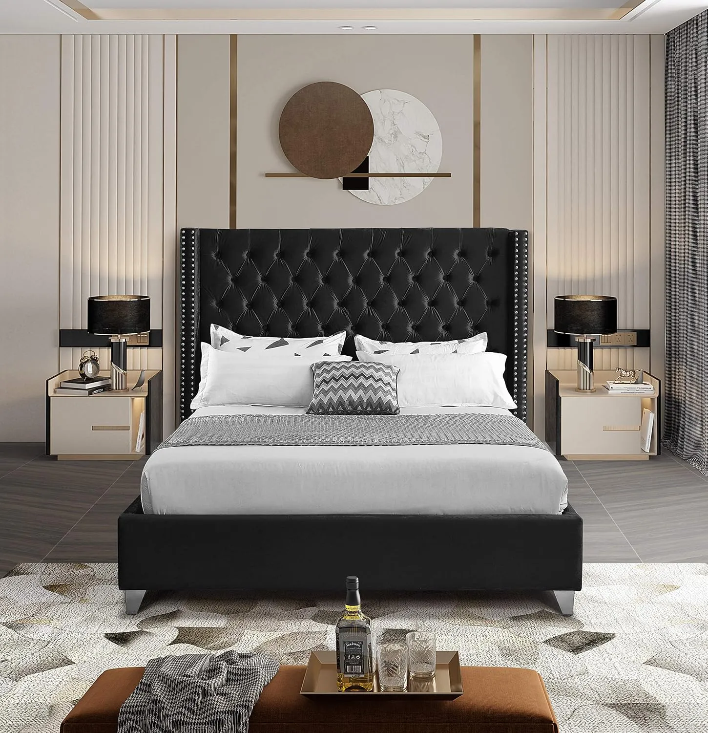 Meridian Furniture Aiden Collection Modern | Contemporary Velvet Upholstered Bed with Deep Button Tufting, Solid Wood Frame, and Custom Chrome Legs, King, Black