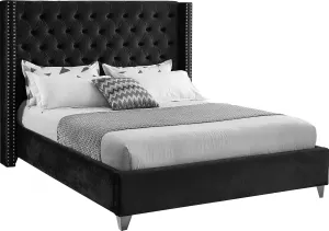 Meridian Furniture Aiden Collection Modern | Contemporary Velvet Upholstered Bed with Deep Button Tufting, Solid Wood Frame, and Custom Chrome Legs, King, Black