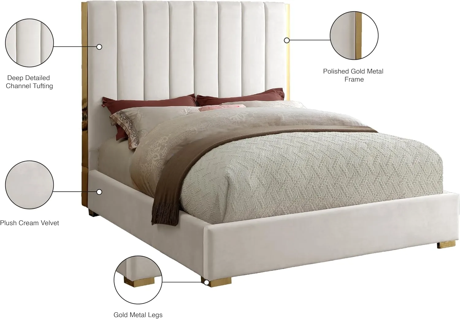 Meridian Furniture Becca Collection Modern | Contemporary Velvet Upholstered Bed with Deep Channel Tufting and Polished Gold Metal Frame, Cream, King