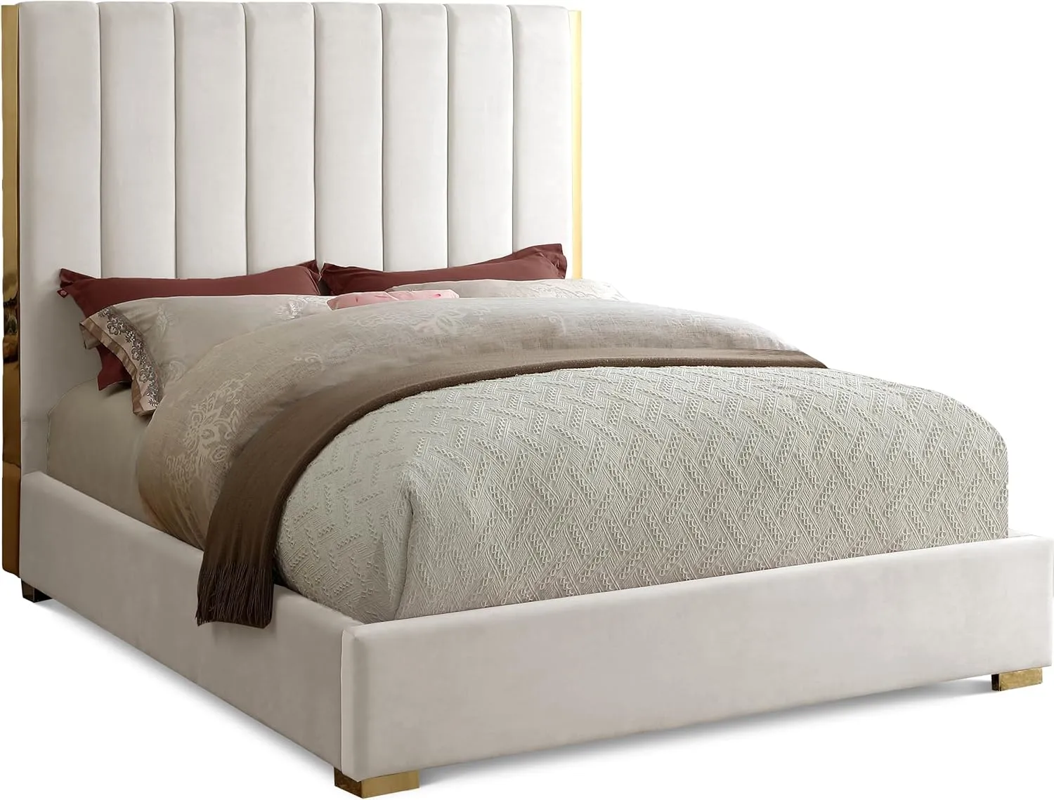Meridian Furniture Becca Collection Modern | Contemporary Velvet Upholstered Bed with Deep Channel Tufting and Polished Gold Metal Frame, Cream, King