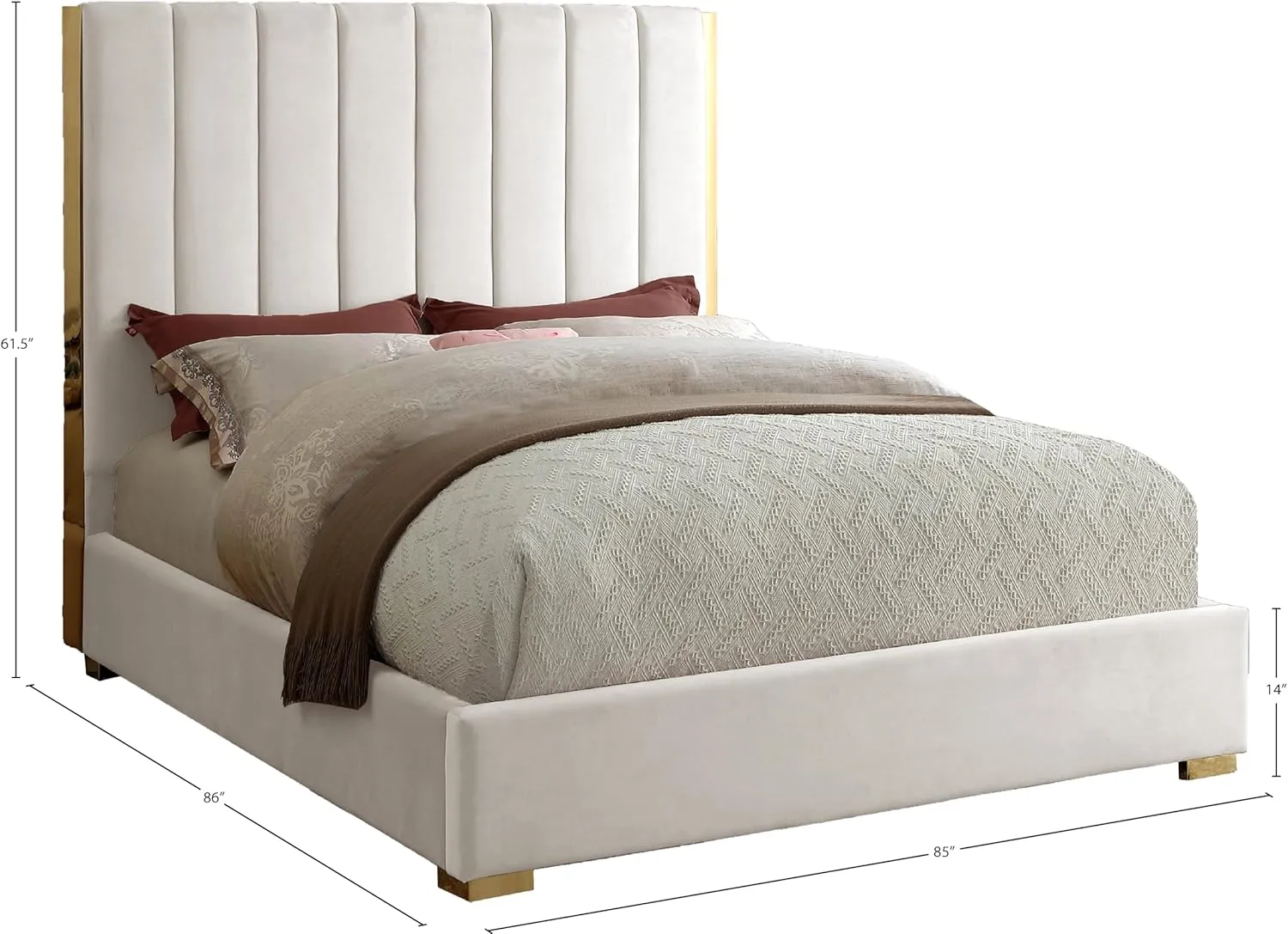Meridian Furniture Becca Collection Modern | Contemporary Velvet Upholstered Bed with Deep Channel Tufting and Polished Gold Metal Frame, Cream, King