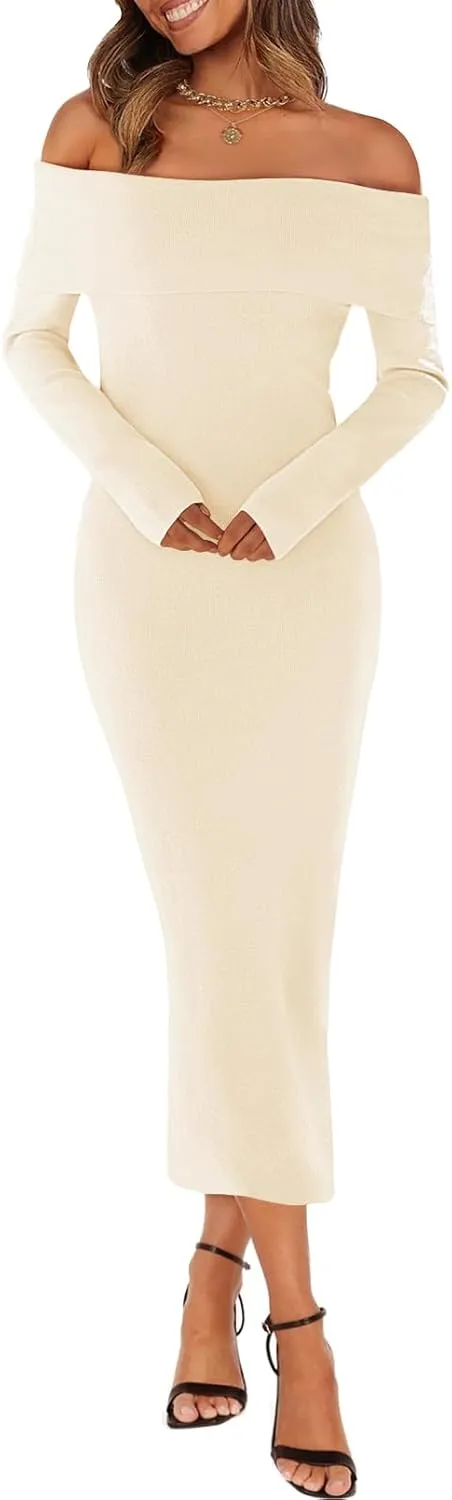 MEROKEETY Women's Fall Off Shoulder Bodycon Sweater Dress Formal Long Sleeve Elegant Cocktail Party Midi Maxi Dresses