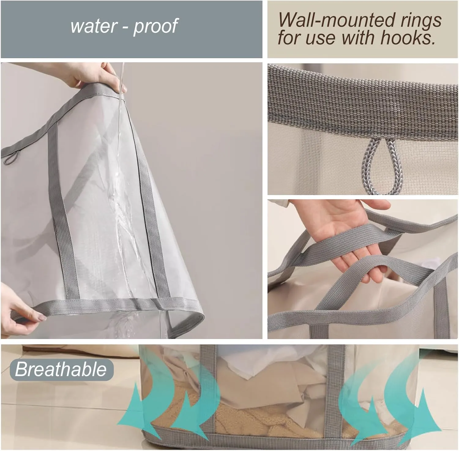 Mesh Bag with Handles, Collapsible Laundry Basket, Foldable Laundry Bag, Breathable Folding Beach Bag,Space-saving Travel Tote Bags (1, Black)