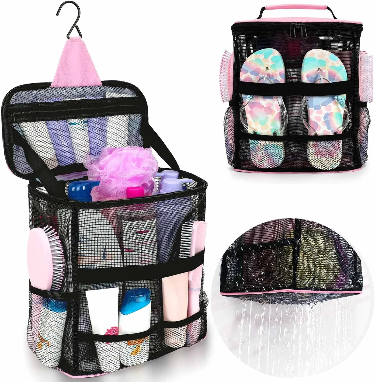 Mesh Shower Caddy Portable, Dorm Room Essentials for College Students Girls with Hanging Hook, Quick Dry Pink Shower Bag for Bathroom, Gym, Travel, Beach Camping Essentials, Birthday Gifts for Women
