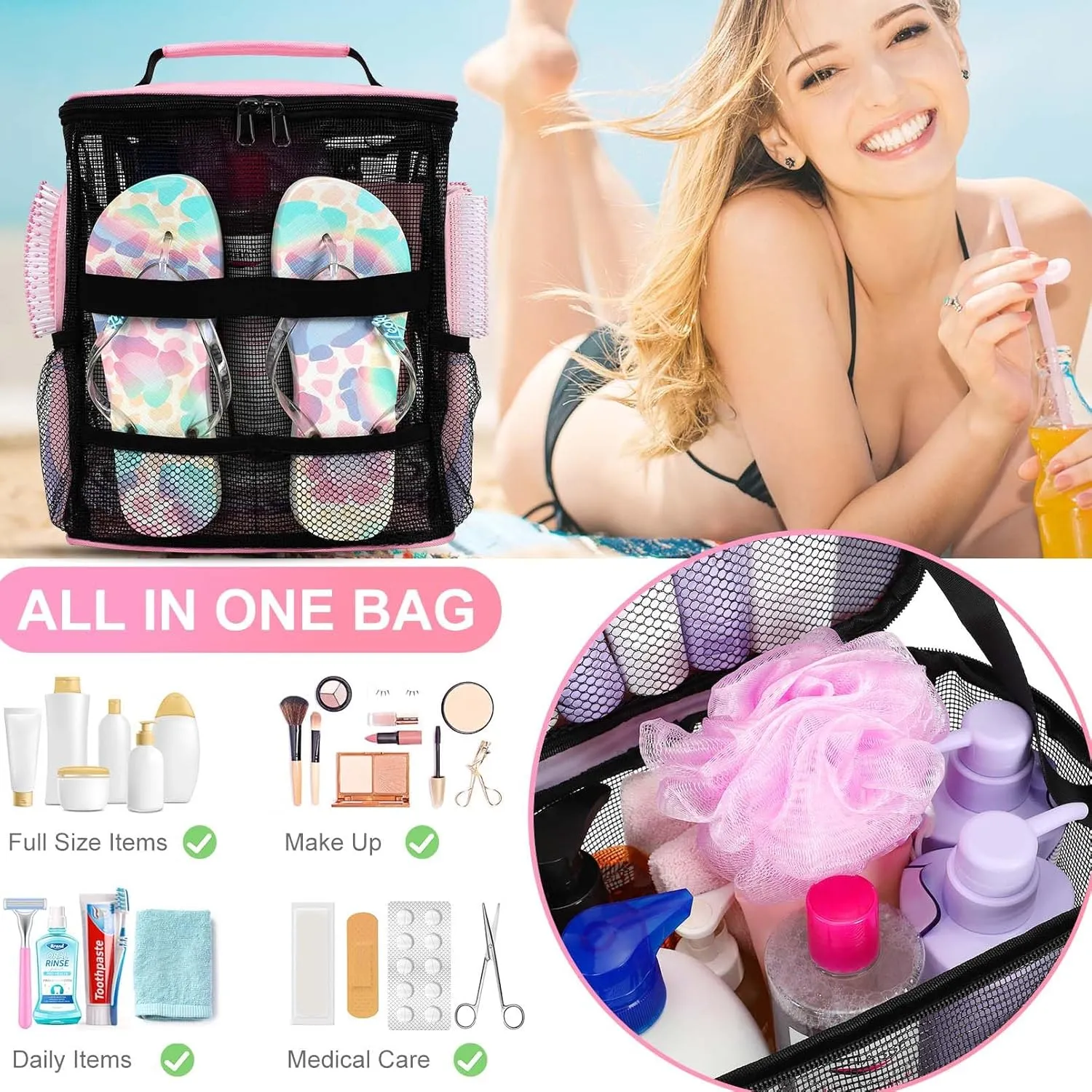 Mesh Shower Caddy Portable, Dorm Room Essentials for College Students Girls with Hanging Hook, Quick Dry Pink Shower Bag for Bathroom, Gym, Travel, Beach Camping Essentials, Birthday Gifts for Women