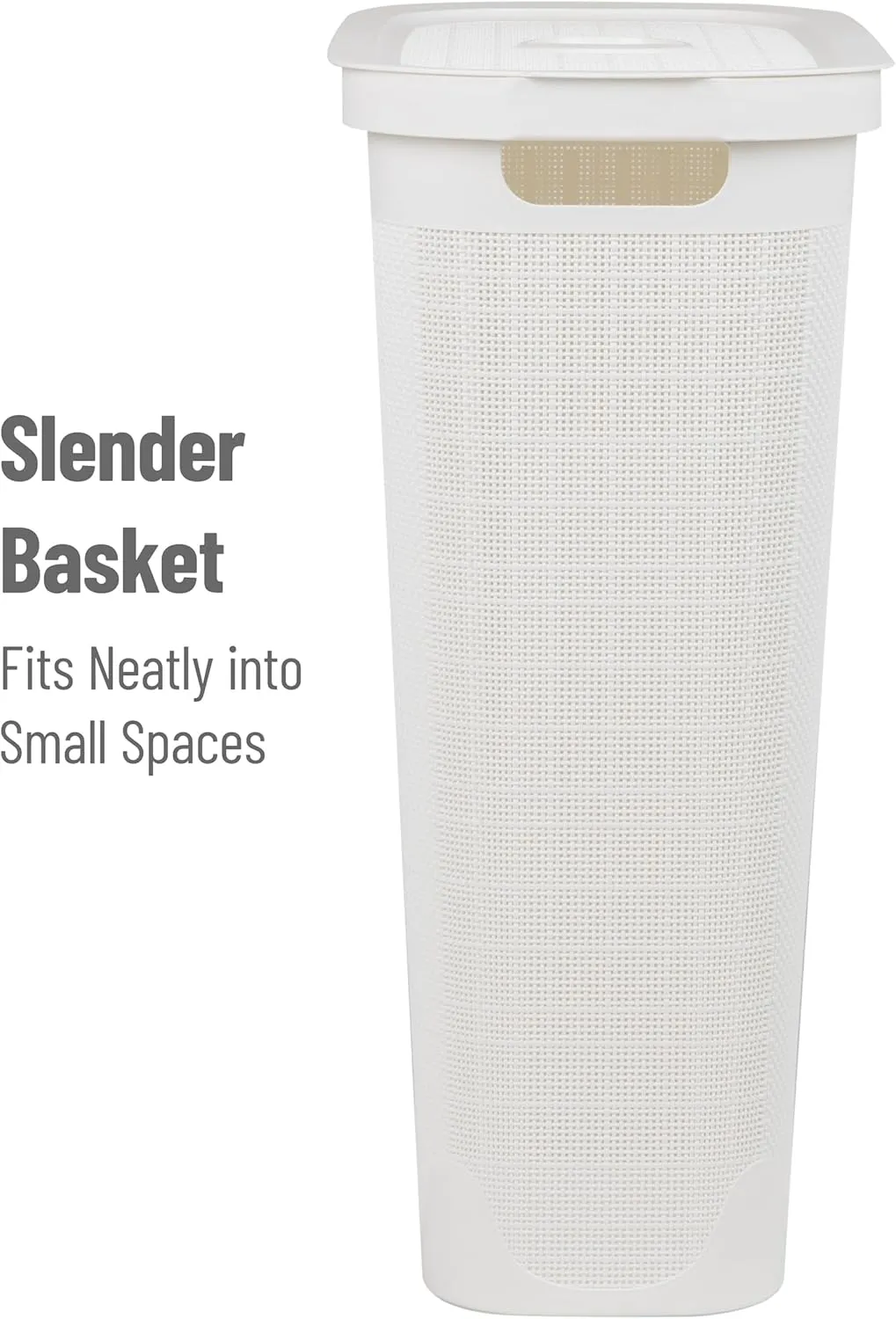 Mind Reader 40L Slim Laundry Hamper, Clothes Basket, Lid, Linen Design, Plastic, 18.5”L x 10.75”W x 23.5”H, White
