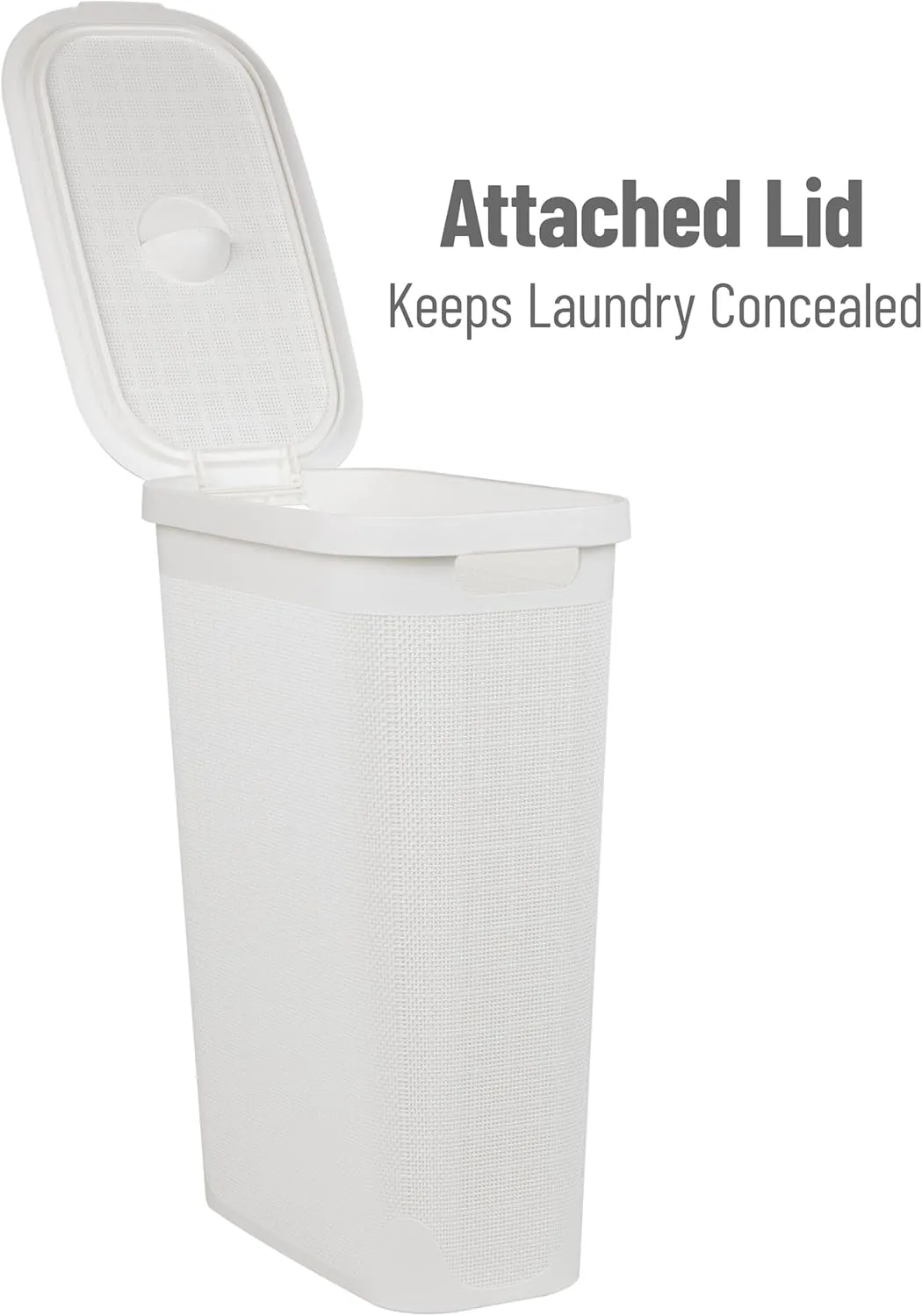 Mind Reader 40L Slim Laundry Hamper, Clothes Basket, Lid, Linen Design, Plastic, 18.5”L x 10.75”W x 23.5”H, White