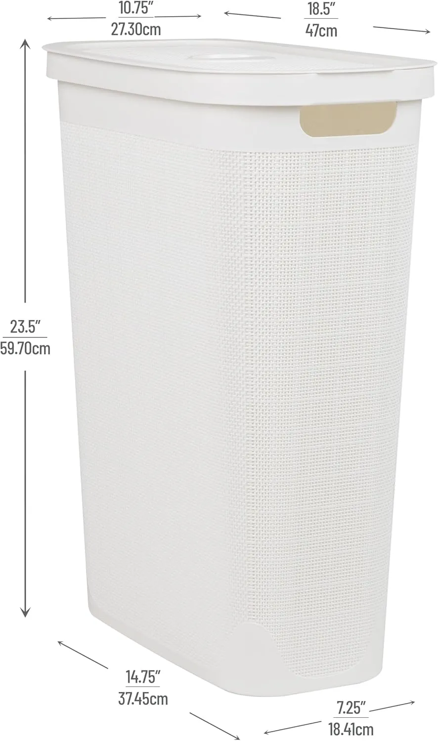 Mind Reader 40L Slim Laundry Hamper, Clothes Basket, Lid, Linen Design, Plastic, 18.5”L x 10.75”W x 23.5”H, White