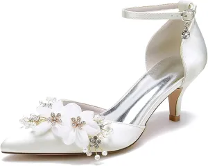 Minishion Party Wear Shoes for Women Low Heel Bridal Wedding Pumps with Flower MS315