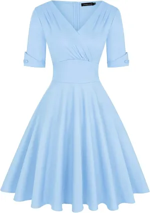 MINTLIMIT Women's 1950s Vintage Wrap V Neck Half Sleeve Retro Cocktail Swing Dress Plain A-line Dresses