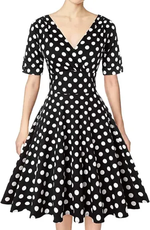 MINTLIMIT Women's 1950s Vintage Wrap V Neck Half Sleeve Retro Cocktail Swing Dress Plain A-line Dresses