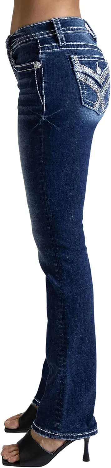 Miss Me Women's Criss Cross Bohemian Faux Flap Pocket Mid-Rise Straight Jeans