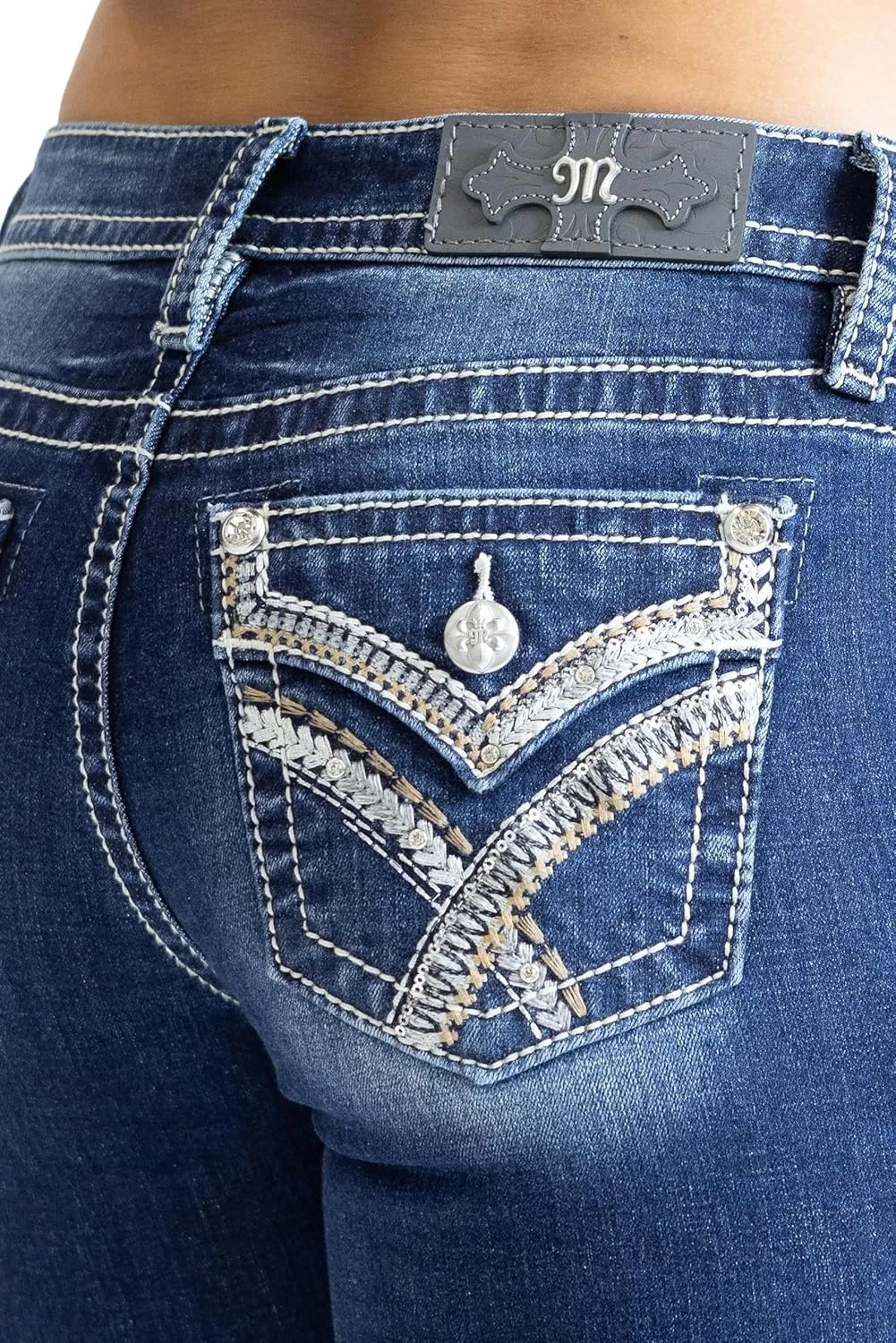 Miss Me Women's Criss Cross Bohemian Faux Flap Pocket Mid-Rise Straight Jeans