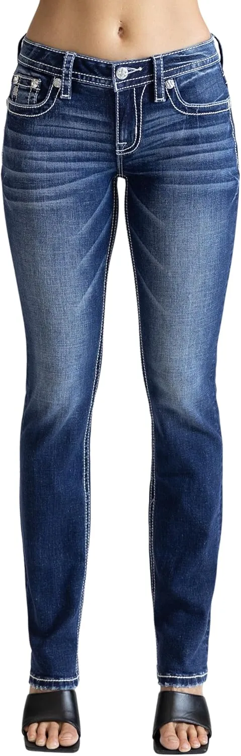 Miss Me Women's Criss Cross Bohemian Faux Flap Pocket Mid-Rise Straight Jeans