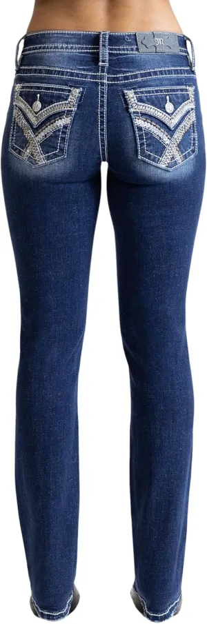 Miss Me Women's Criss Cross Bohemian Faux Flap Pocket Mid-Rise Straight Jeans