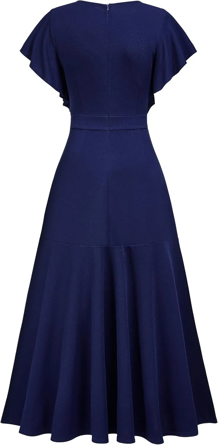 Miusol Women's Formal V Neck Ruffle Split Evening Party Long Dress
