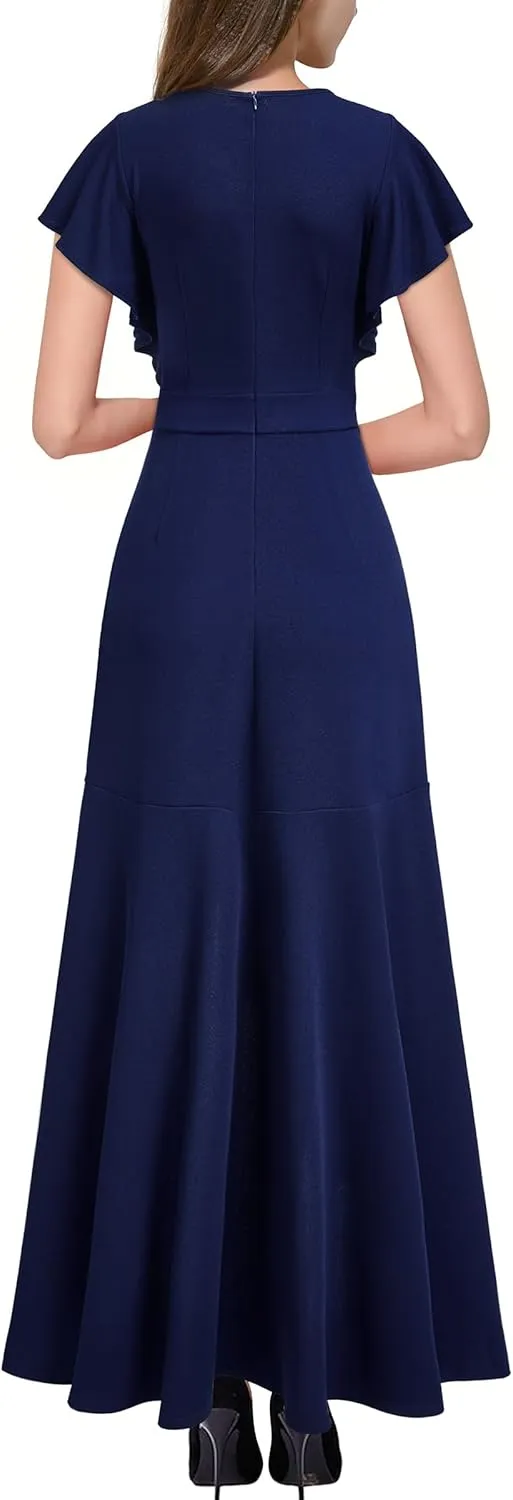 Miusol Women's Formal V Neck Ruffle Split Evening Party Long Dress