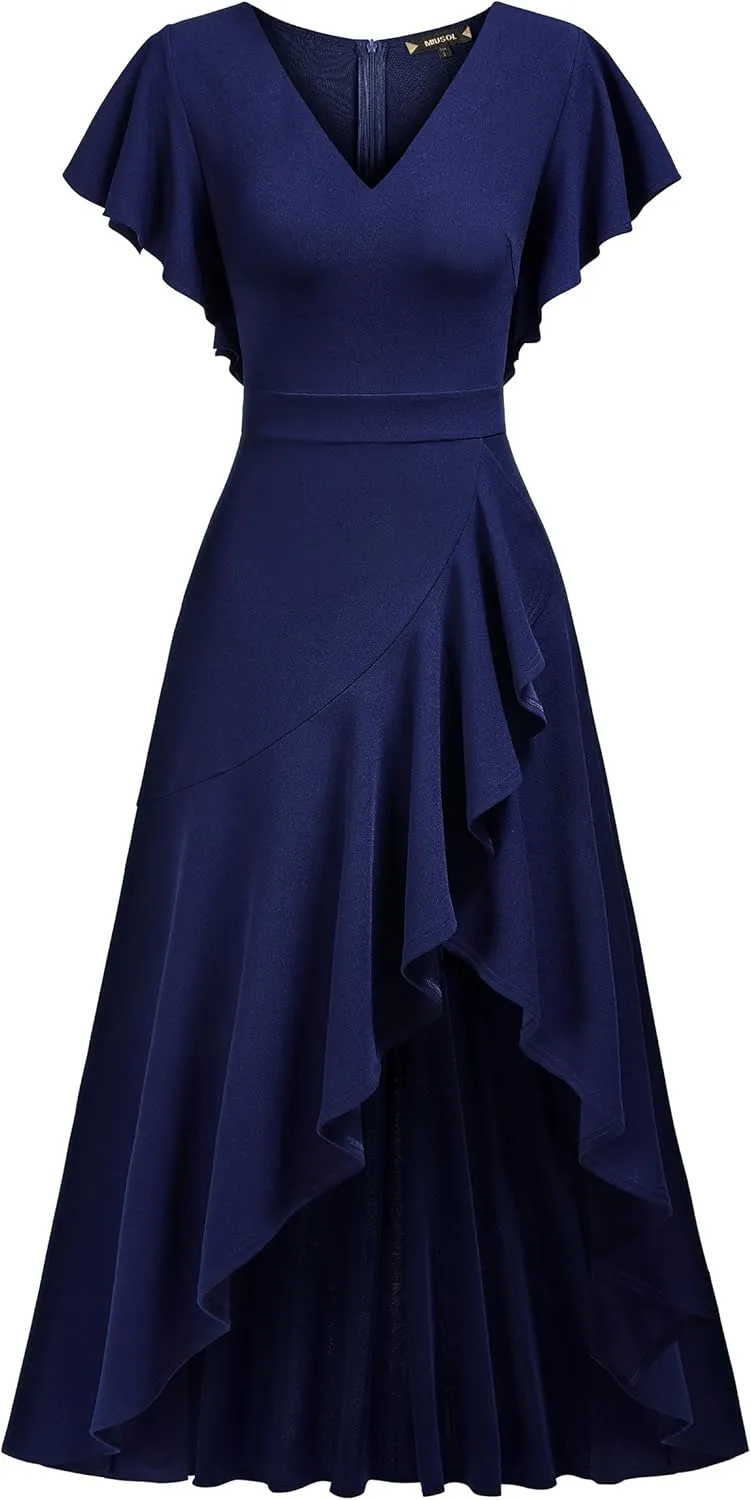 Miusol Women's Formal V Neck Ruffle Split Evening Party Long Dress