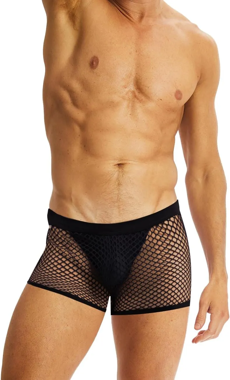 MIZOK Men's Sexy Sheer Fishnet Boxer Briefs Mesh See Through Pouch Boxer Underwear