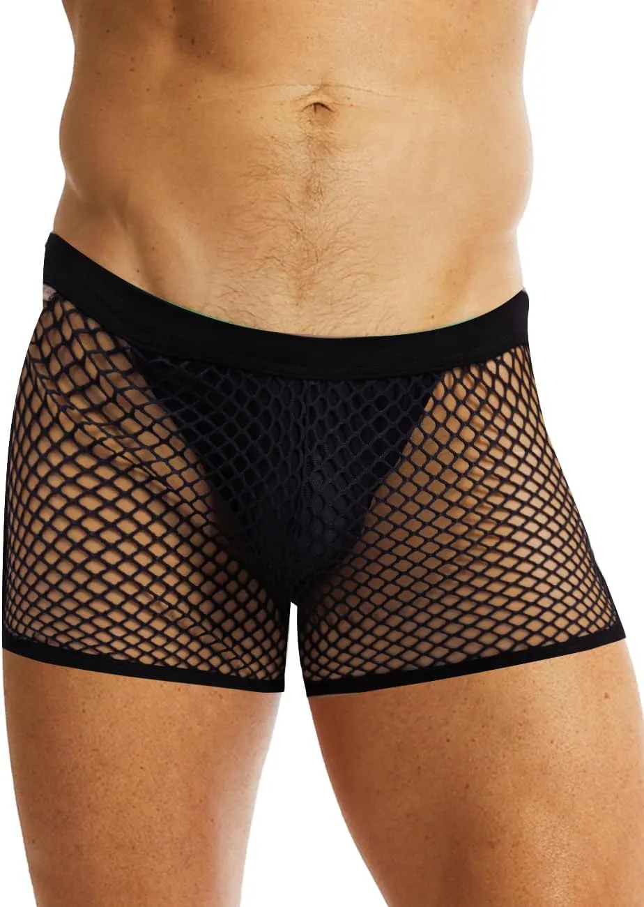 MIZOK Men's Sexy Sheer Fishnet Boxer Briefs Mesh See Through Pouch Boxer Underwear